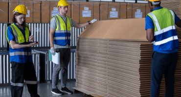 Logistics workers in automotive and paper warehouse use technological tools to manage flow of goods, including software, barcode scanners, notes to accurately label, verify products in stock pallets.